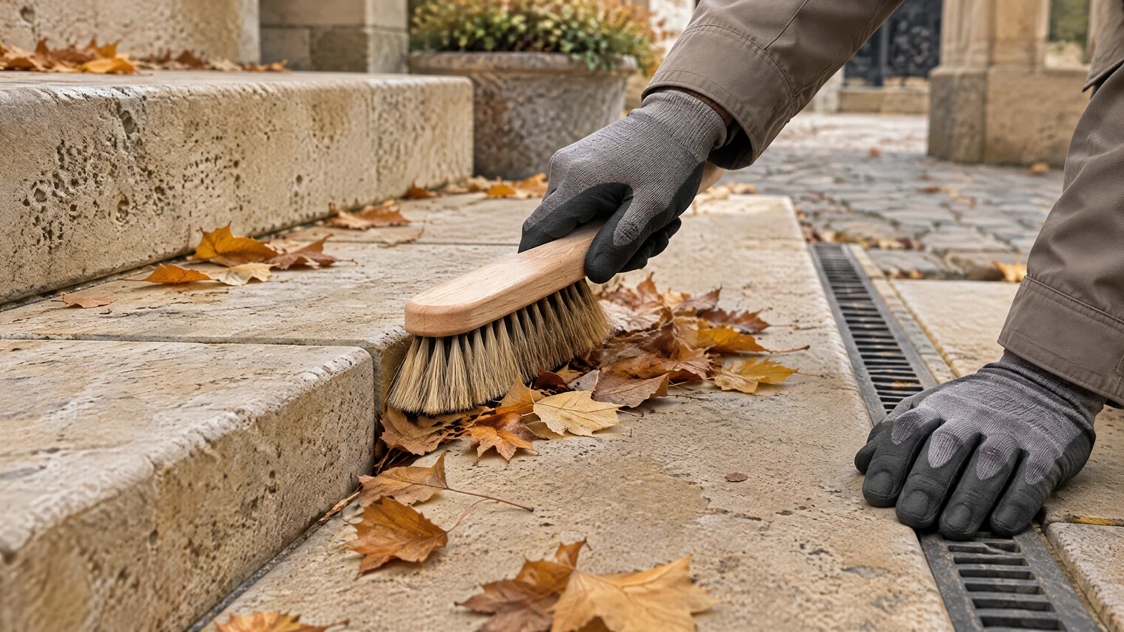 Herbstlaub wird mit einer weichen Handbürste schonend von Sandsteinstufen entfernt
