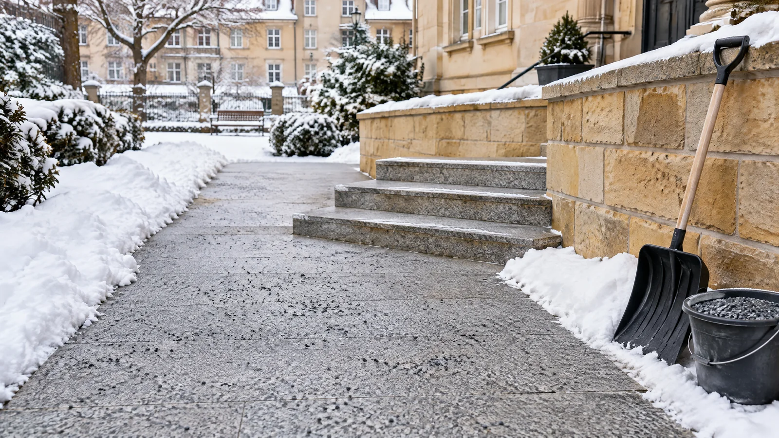 Geräumter Granitweg mit Splitt, Schneeschieber und Sandsteinmauer im Winter